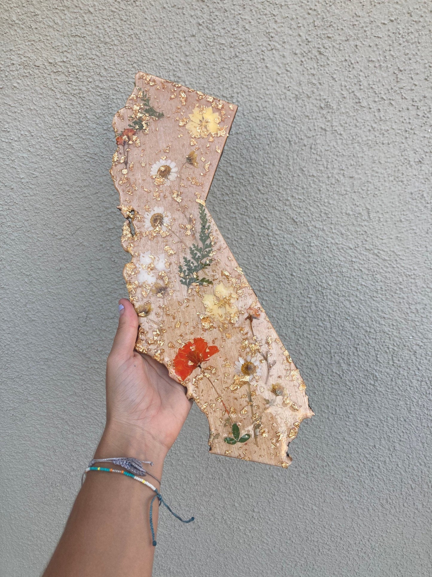 California wooden wall art with real pressed flowers and gold foil ~ wood boho dorm art ~ resin state souvenir gift poppy wildflower