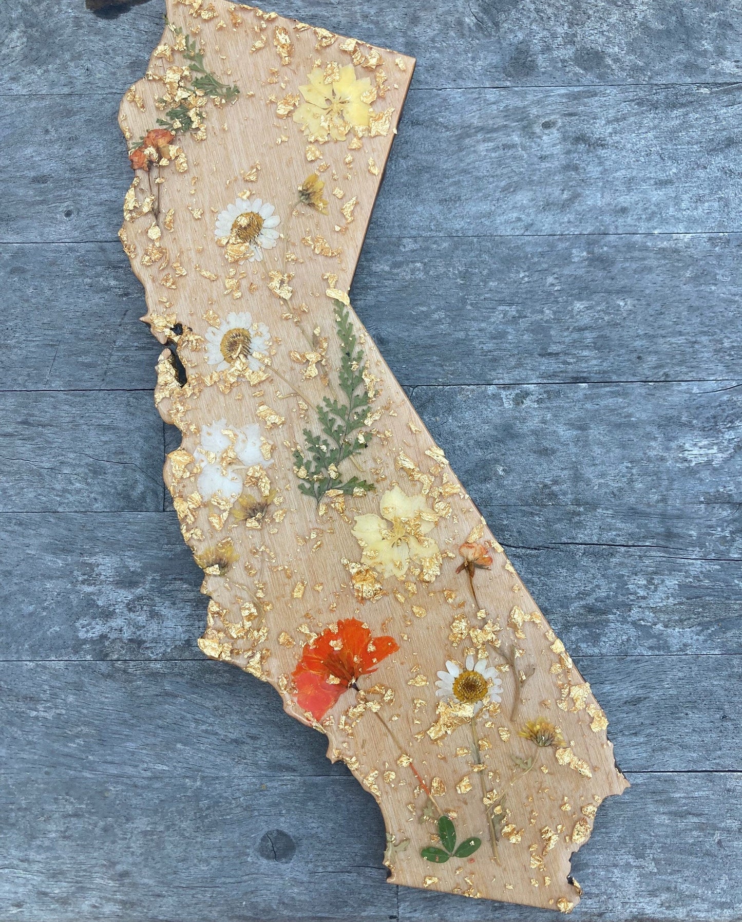 California wooden wall art with real pressed flowers and gold foil ~ wood boho dorm art ~ resin state souvenir gift poppy wildflower